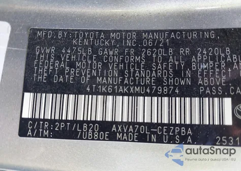 2021 Toyota Camry Xse z USA, uszkodzony, nr VIN 4T1K61AKXMU479874